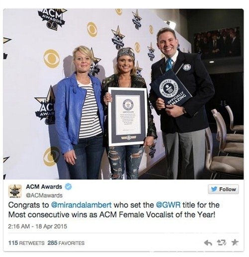 美国乡村音乐学院奖诞生多项吉尼斯世界纪录称号